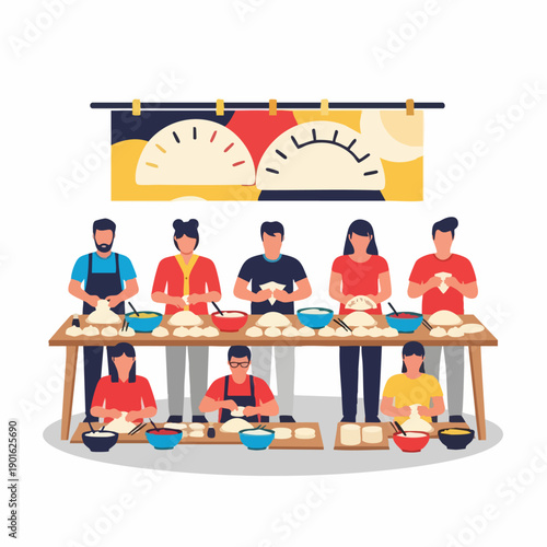 People making dumplings together in a cooking class.