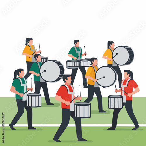 Marching band drummers performing in a parade.