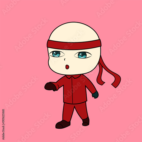 Art & Illustration Chibi ninja character with bald head wearing a red suit and headband, walking on pink background. Vector illustration of cute martial arts trainee.