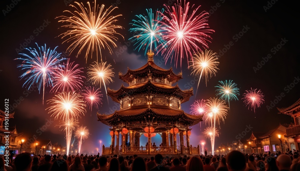 Obraz premium Spectacular Fireworks Display Over Traditional Chinese Pavilion During a Night Celebration, Long Exposure Shot Captures Light Trails and Colorful Bursts.