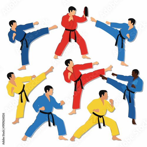 Martial Arts Fighters Performing Kicks and Punches in Colorful Gi.