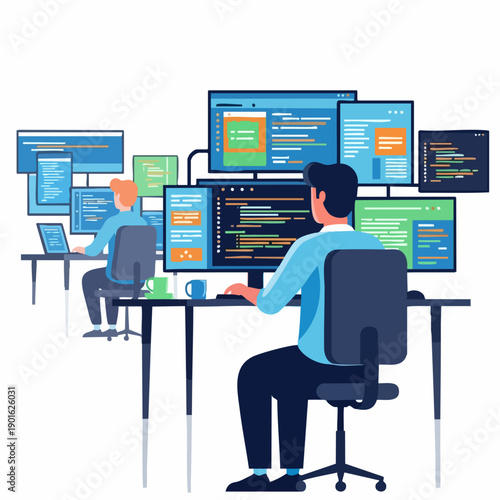 Programmers working on multiple computer screens.