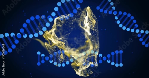 On play golden cloud rotating expanding emitting specks as DNA helices sliding in showing unfolding