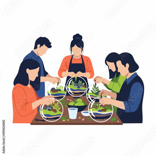 Group of friends attending a creative terrarium making workshop.