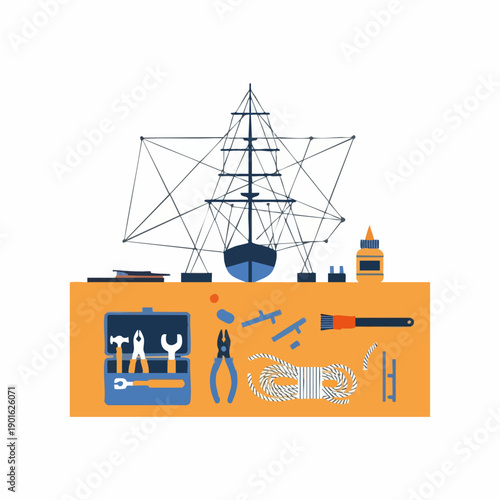 Model Ship Building on Workbench with Tools and Supplies.