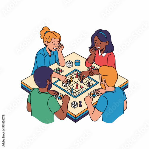 Diverse group of friends having fun playing a board game together.