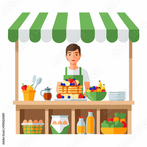 Pancake vendor at a food stall offering fresh breakfast options.