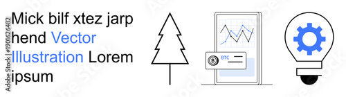 Cryptocurrency trading, mobile finance, digital innovation, blockchain concepts, sustainability, technology trends. A chart on a mobile device, tree outline light bulb with gear. Cryptocurrency