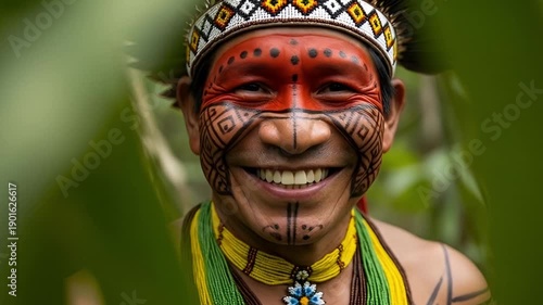 Indigenous man with traditional face paint and headdress smiling in the rainforest, video 4k