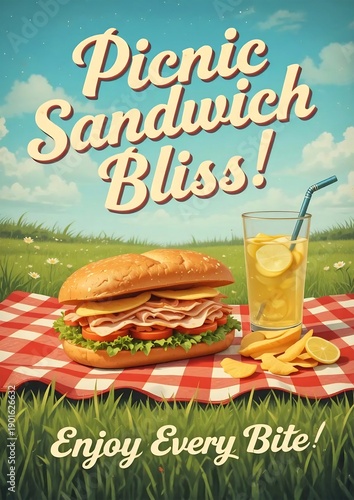 Picnic Sandwich with Lemonade on Checkered Blanket — Retro Picnic Food Poster