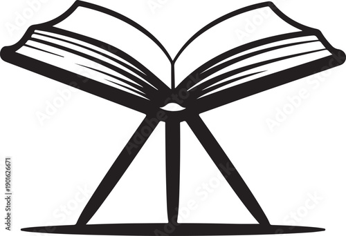 Open book on stand, ancient scripture, religious text, wisdom and knowledge symbol, black and white icon