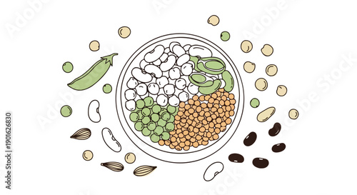 Illustration of assorted legumes and seeds in a bowl on a white background, with a world pulses day theme.