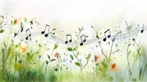 Serene wildflower landscape adorned with whimsical musical notes.