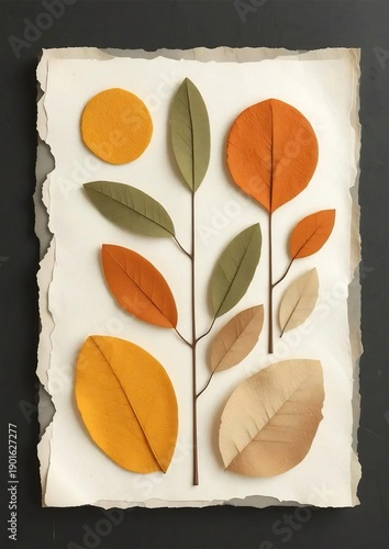 Paper-Cut Botanical Composition — Minimalist Pressed Leaves Art on Torn Paper Background