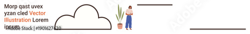 Technology, minimal design, data storage, home decor, lifestyle, cloud computing. Cloud shape, woman standing beside a potted plant. Technology and minimal design concept