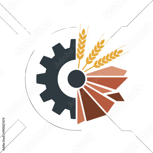 Industrial logo combining gear wheel wheat stalks and agricultural field symbols on transparent bg