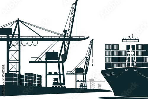 Cargo ship at port dock with large container cranes for global trade and logistics silhouettes icon
