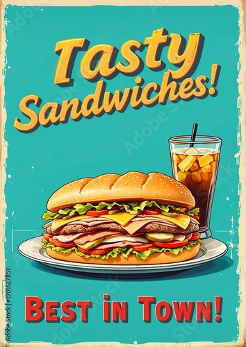 Retro Tasty Sandwich Poster — Classic Deli Sub with Iced Drink (Vintage Food Advertising)