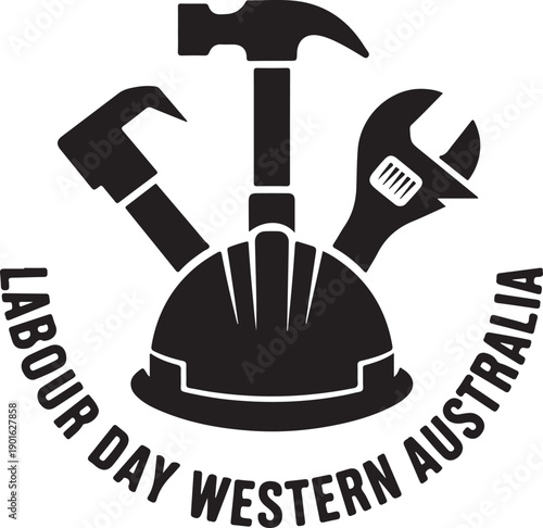 Labor day western Australia emblem featuring hard hat, hammer, wrench, and pliers