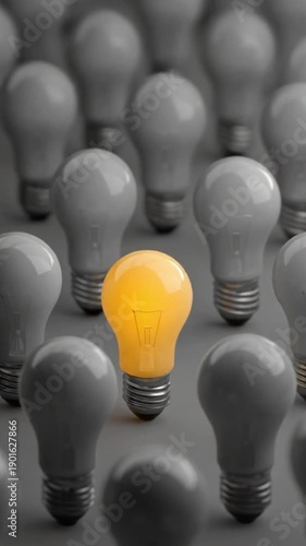 One glowing yellow light bulb standing out among a group of unlit grey bulbs.