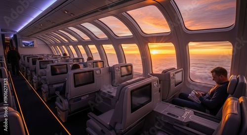 Luxury airplane cabin with panoramic windows showcasing a sunset