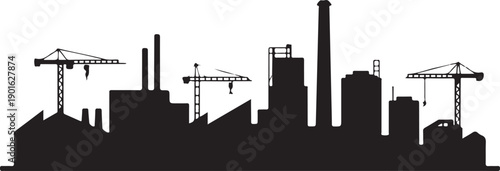 Industrial cityscape silhouette with factories, chimneys, and construction cranes