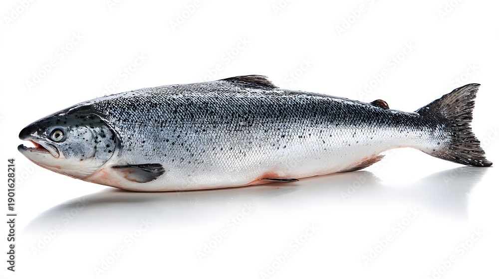 Obraz premium Freshly caught Atlantic salmon fish isolated on a clean white background, ready for cooking.