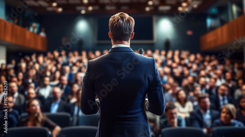 A male lecturer addresses an audience from the stage, focusing on public speaking dynamics.