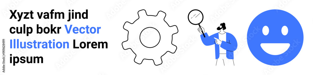 Obraz premium Problem-solving, technology, analysis, teamwork, innovation, positivity. Gear symbol, figure with magnifying glass happy face and text. Problem-solving and analysis