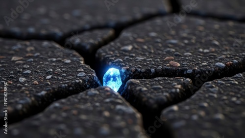 Glowing stone in cracked ground