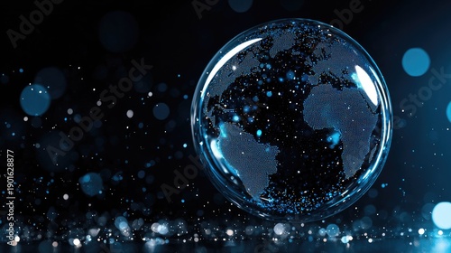 Illuminated digital representation of the planet contained within a clear sphere against a dark background
