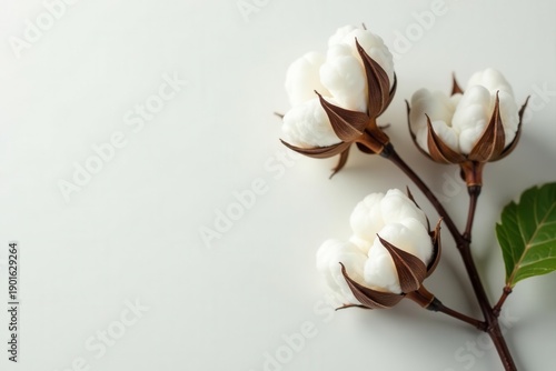 Elegant cotton plant branch with leaves, rustic style, herb, wedding