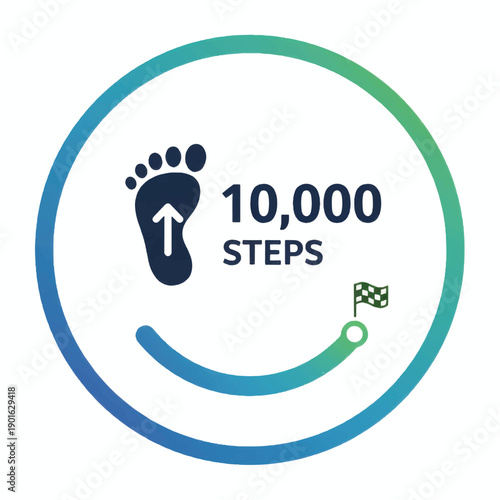 10000 Steps Goal Reached With Footprint and Flag Icon.
