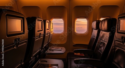 Airplane interior with illuminated windows & empty seats; sunset views