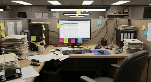 Messy workstation in an office with many papers, sticky notes, and a computer
