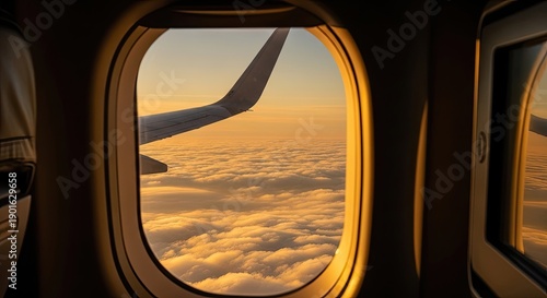 Plane window view of a wing and sunset over cloud cover