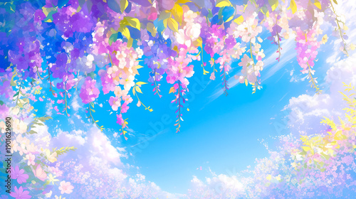 Wallpaper Mural 美しい青空を背景に垂れ下がる花のアニメ調イラスト背景 Torontodigital.ca