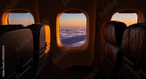Interior view of airplane cabin with windows showing sunset sky