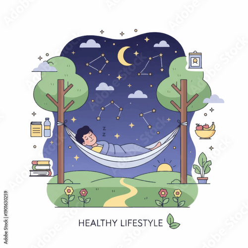 Man sleeping peacefully in a hammock under the night sky.