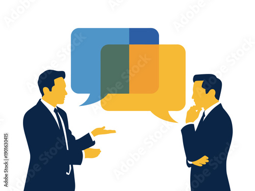 Two businessmen engaged in a thoughtful conversation with colorful speech bubbles