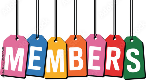 Colorful Hanging Tags Spell Out "MEMBERS" Against White Background