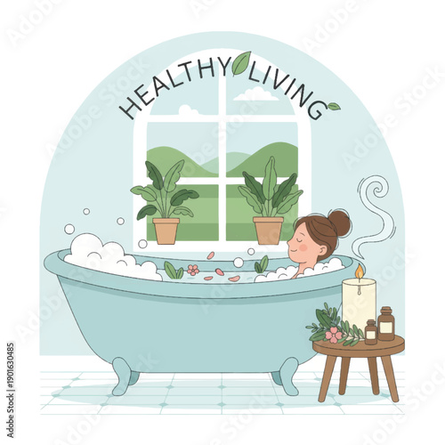 Woman enjoying a relaxing bubble bath at home.