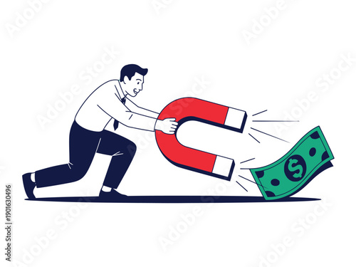 A cartoon man using a large magnet to attract a green dollar bill with black spots.