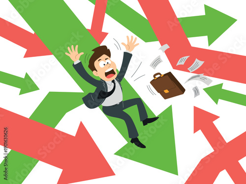 A stressed businessman falling amidst chaotic red and green arrows