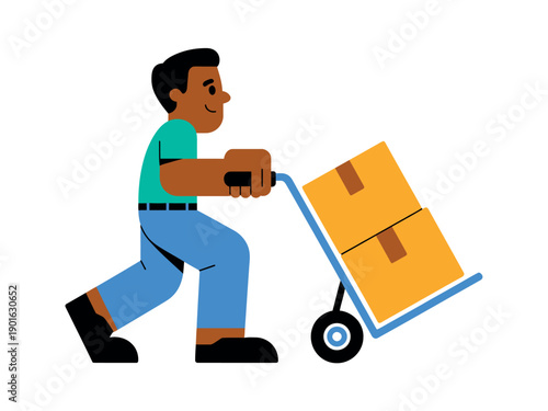A cartoon man pushing a hand truck with a large cardboard box