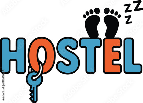 Hostel Feet Resting on "Hostel" Text with Key and Zzzs