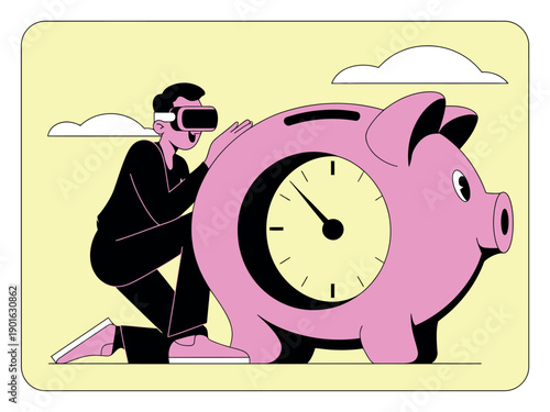 A man in a suit and virtual reality headset pushing a large pink piggy bank with a clock on it.