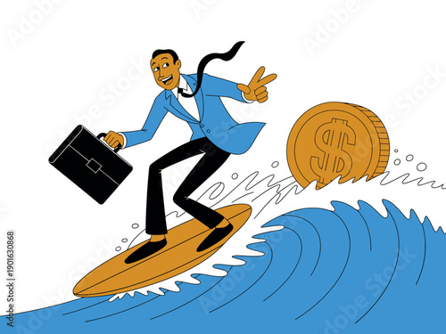 A cartoon businessman rides a surfboard on a wave of success with a briefcase and peace sign, symbolizing financial freedom and a carefree attitude.