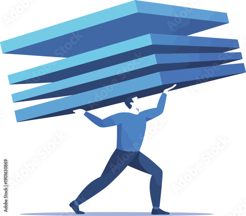 Man Carrying Heavy Stack of Blue Rectangular on White Background