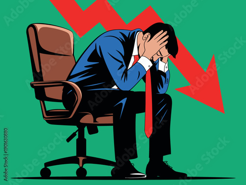 A stressed businessman sitting in an office chair with his head in his hands, surrounded by downward arrows indicating financial loss or decline.